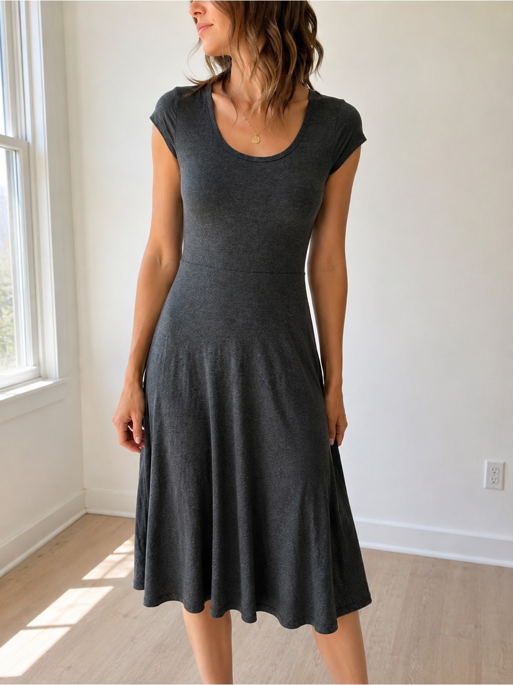 LOFT Charcoal Heather Rayon Jersey Fit & Flare Midi Dress M